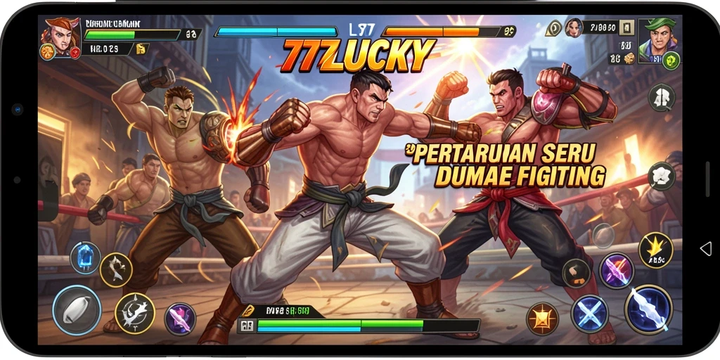Screenshot gameplay <strong>777LUCKY</strong> menunjukkan pertarungan epik antara karakter.