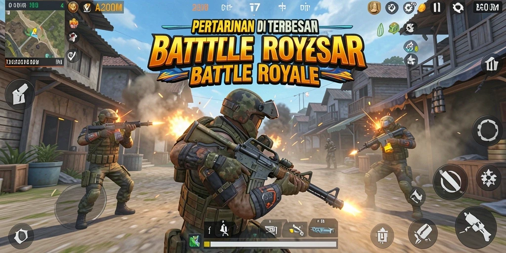 Screenshot utama A200M menampilkan aksi intens dalam pertempuran Battle Royale.