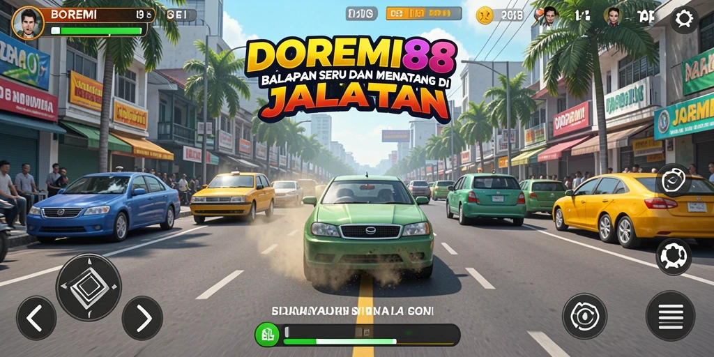 Gameplay DOREMI88 dengan mobil balap yang cepat dan lintasan yang menantang.