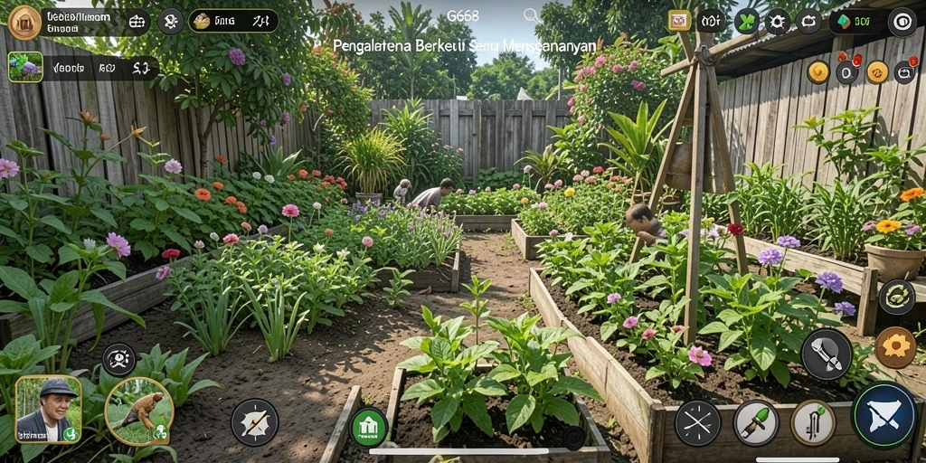 Screenshot gameplay G668 menunjukkan kebun yang indah dan beragam tanaman.