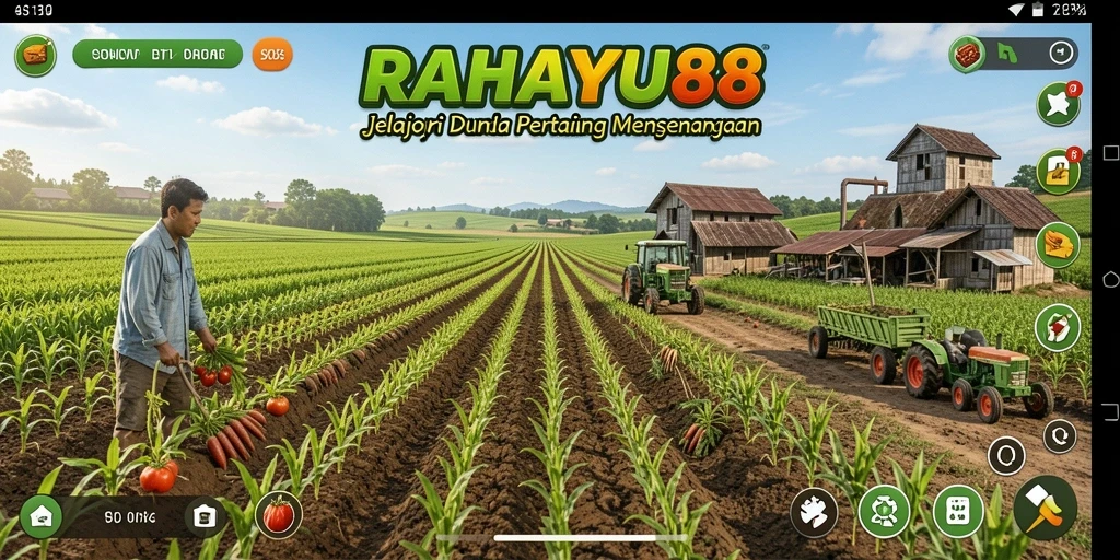 Screenshot gameplay RAHAYU88 menampilkan petani yang sedang merawat tanaman.