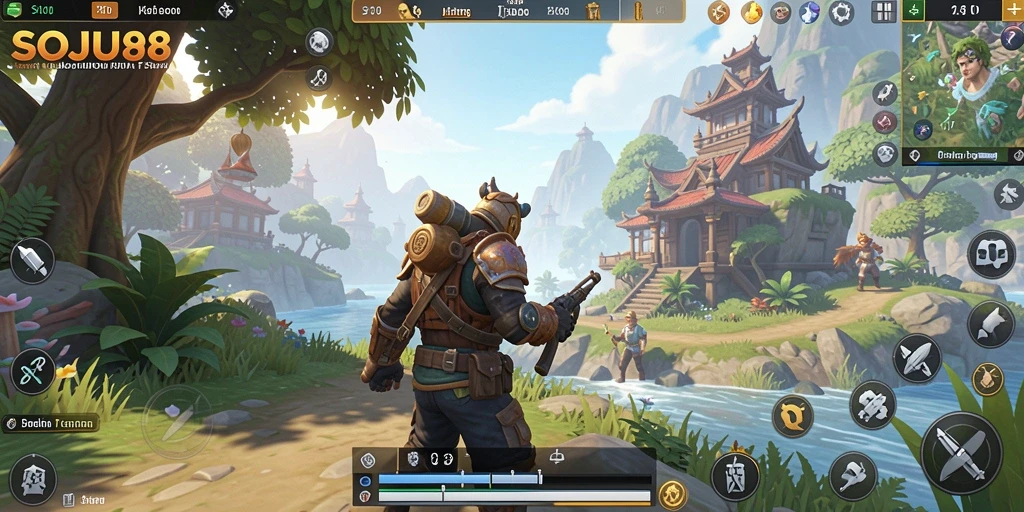 Screenshot menunjukkan karakter menjelajahi hutan dalam SOJU88.