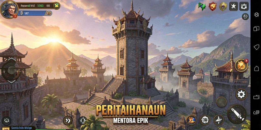 Screenshot utama V87 menampilkan aksi seru dalam pertahanan menara.